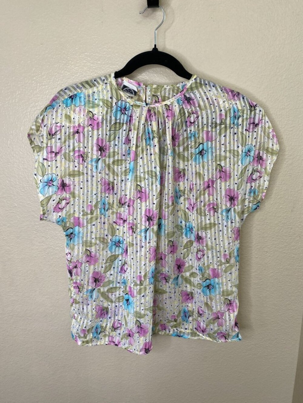 LATC Floral Striped Womens Blouse Short Sleeve Lightweight 10 Polyester Vintage